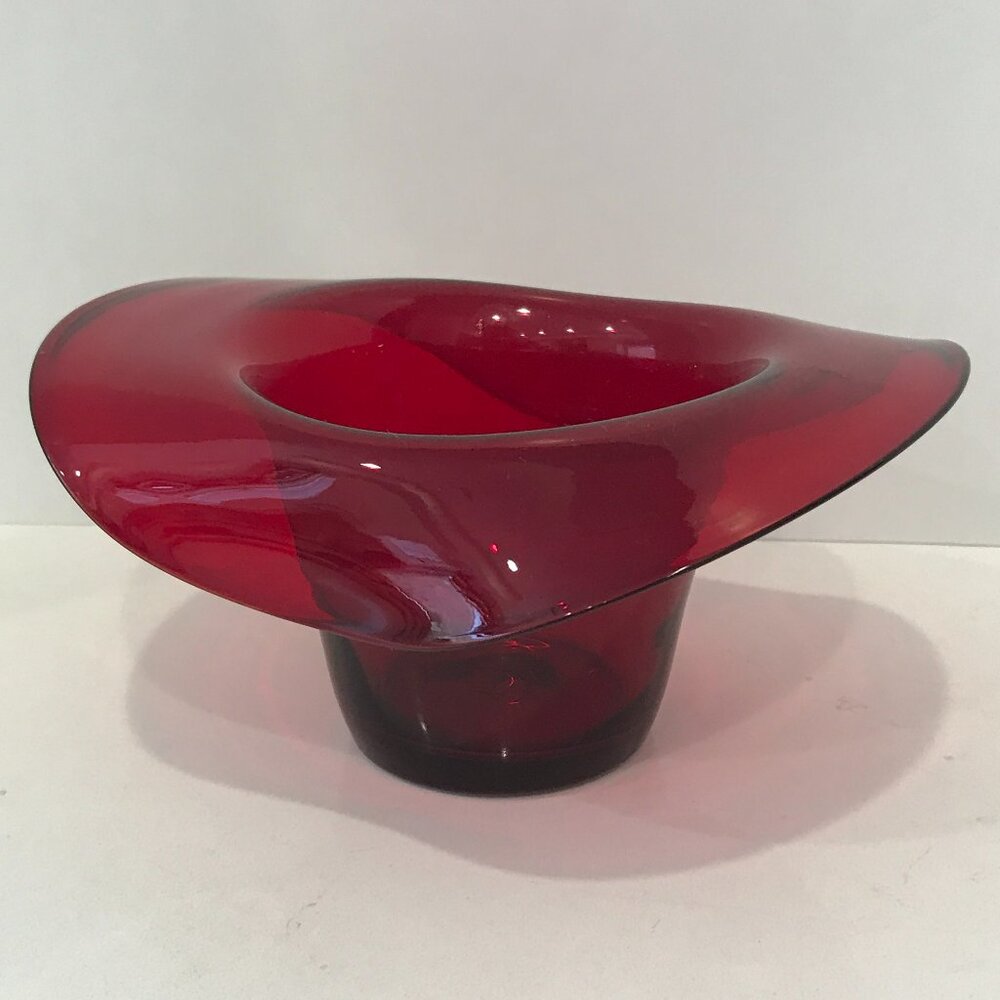 Vintage Glass Top Hat, Red, Hand Blown, 1950's